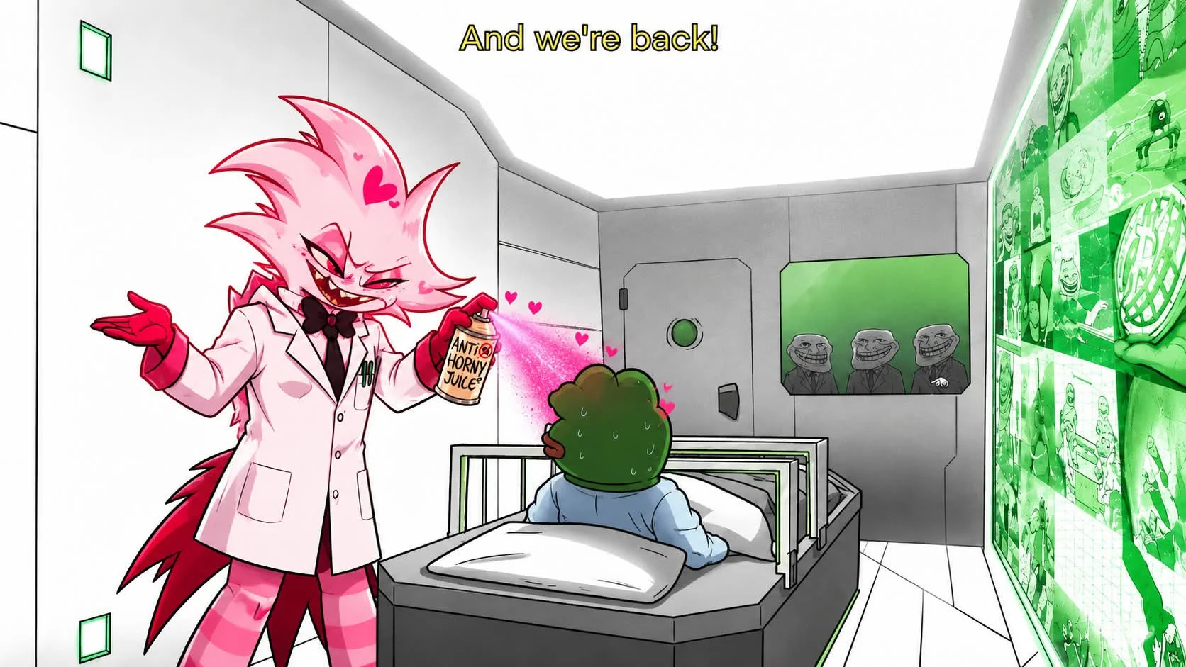 Moxxie in a lab coat spraying a Pepe patient in a hospital room, And we're back!