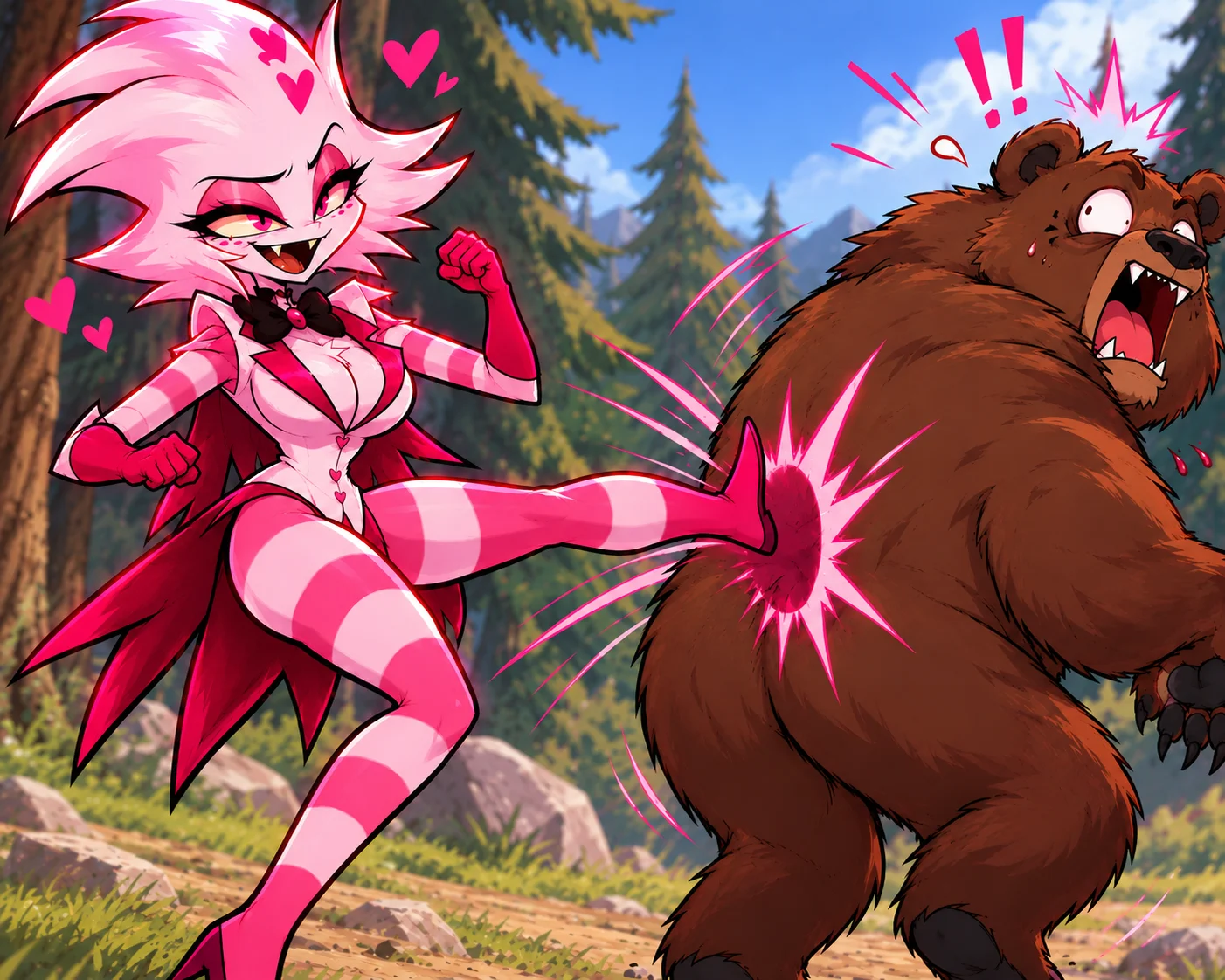 Moxxie kicking a startled bear in a forest clearing