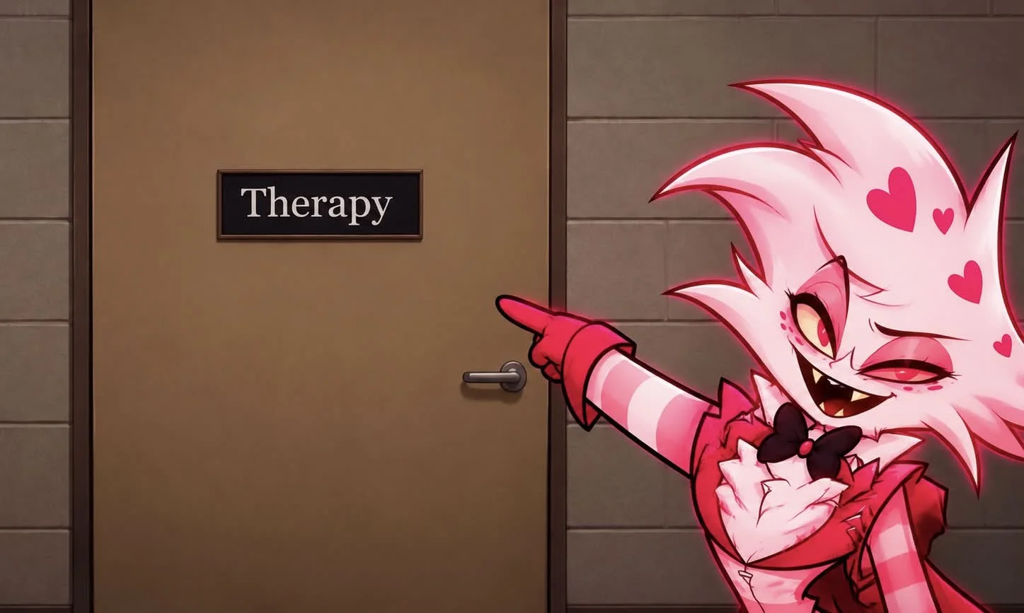 Moxxie grinning and pointing at a door labeled Therapy