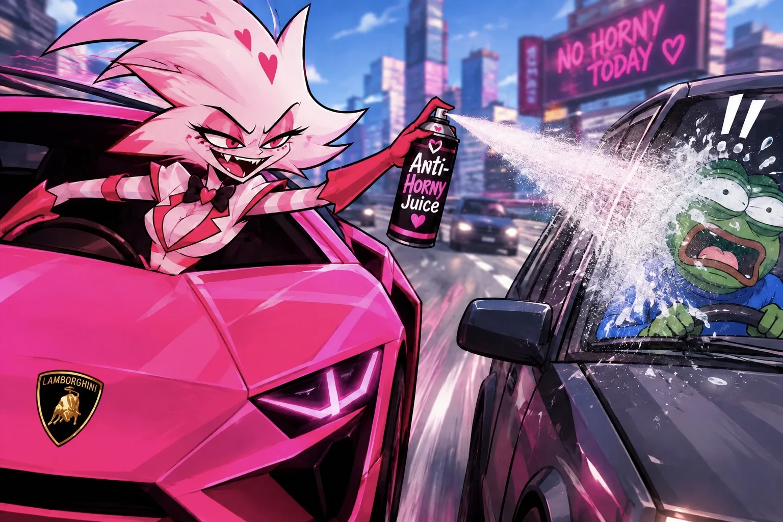 Moxxie in a pink Lamborghini spraying anti-horny juice at a startled Pepe driver on the highway